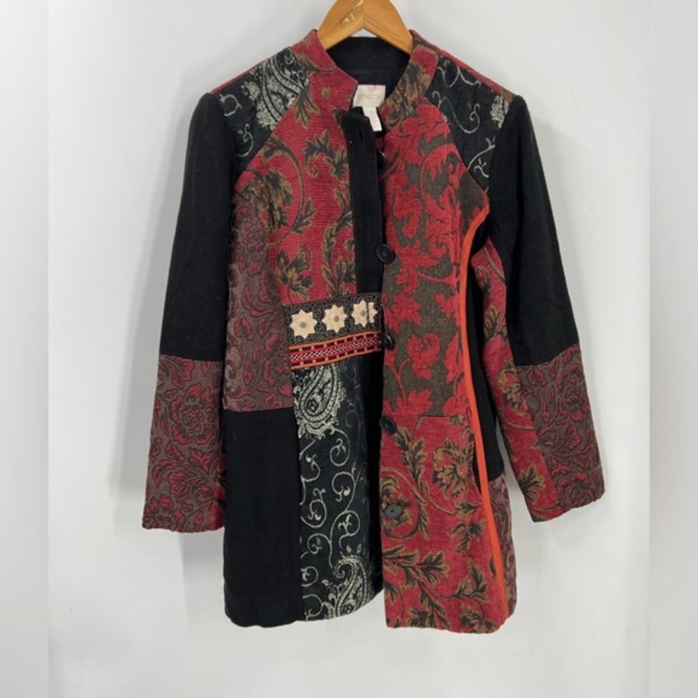Chicos patchwork embroidered detail tapestry, mandarin collar, lined coat
